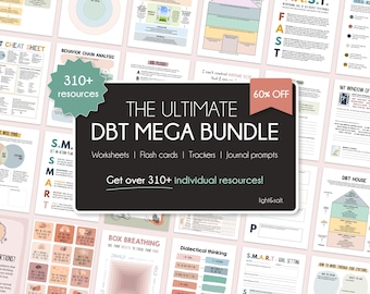 May include: A digital product bundle for Dialectical Behavior Therapy (DBT) with over 310 resources. The bundle includes worksheets, flash cards, trackers, and journal prompts. The image features a variety of colorful DBT resources, including a DBT house, a window of tolerance, and a cheat sheet. The text "The Ultimate DBT Mega Bundle" is displayed in a large font.