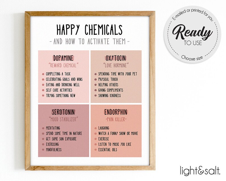 Happy chemicals and how to activate them. Dopamine, oxytocin, serotonin and endorphin.