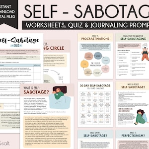 Zelfsabotagewerkboek, zelfsabotagequiz, therapiewerkbladen, zelfliefdedagboek, zelfsabotage, dagboekaanwijzingen, werkblad zelfvertrouwen