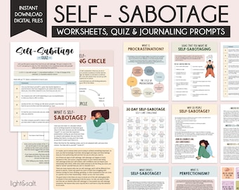 Cuaderno de ejercicios de autosabotaje, cuestionario de autosabotaje, hojas de trabajo de terapia, diario de amor propio, autosabotaje, indicaciones para el diario, hoja de trabajo de autoestima