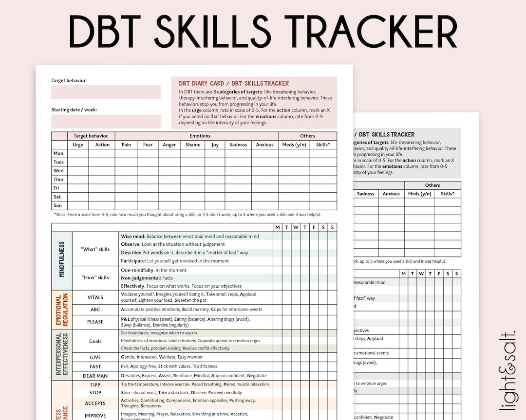 DBT Skills Tracker, DBT Diary Card, Dialectical Behavior Therapy, Mood ...