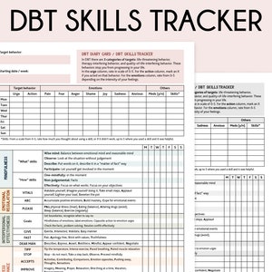 Rastreador de habilidades DBT, diario DBT, terapia dialéctica conductual, rastreador de estado de ánimo, TLP, hoja de trabajo de terapia, terapia DBT, habilidades de afrontamiento, TEPT