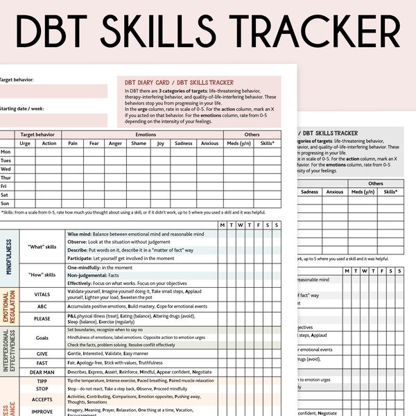 DBT Skills Tracker, DBT Diary Card, Dialectical Behavior Therapy, Mood Tracker, BPD, Therapy worksheet, dbt therapy, Coping skills, ptsd