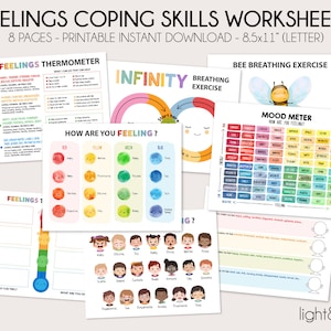 Feelings and emotions with Coping Skills for kids, therapy worksheets, Zones of regulation, Mood Meter, Calm down corner, feelings chart