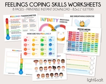 Feelings and emotions with Coping Skills for kids, therapy worksheets, Zones of regulation, Mood Meter, Calm down corner, feelings chart