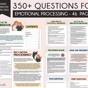 Könnte beinhalten: Ein digitales Arbeitsbuch mit einem farbenfrohen Cover, auf dem zwei Frauen miteinander sprechen. Der Titel lautet "350+ Fragen zur emotionalen Verarbeitung - 46 Seiten". Das Arbeitsbuch enthält Tagebuch-Aufforderungen, Möglichkeiten, mit negativen Emotionen umzugehen, und Informationen zur emotionalen Verarbeitung.