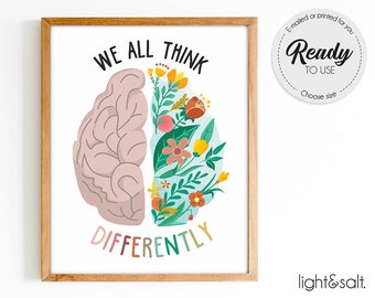 Póster "Todos pensamos diferente", póster "mentalidad de crecimiento", decoración para consultorio de terapia, póster "emociones", póster "psicología", decoración para consultorio de consejero
