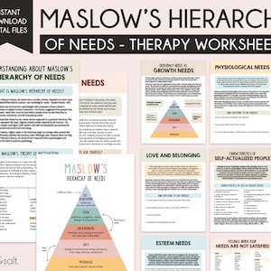 May include: A set of printable worksheets for therapy sessions based on Maslow's Hierarchy of Needs. The worksheets feature colorful illustrations and text explaining the different levels of needs, including physiological, safety, love and belonging, esteem, and self-actualization. The worksheets also include prompts for reflection and self-assessment.