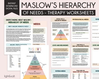 Può includere: Un set di fogli di lavoro stampabili per sessioni di terapia basate sulla gerarchia dei bisogni di Maslow. I fogli di lavoro presentano illustrazioni colorate e testo che spiega i diversi livelli di bisogni, tra cui i bisogni fisiologici, la sicurezza, l'amore e l'appartenenza, la stima di sé e l'autorealizzazione. I fogli di lavoro includono anche spunti per la riflessione e l'autovalutazione.