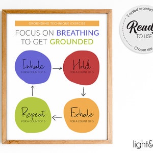 Mindful Breathing poster, box breathing, Grounding technique, Anxiety relief, Mental Health poster, School Counselor Office Decor, therapy