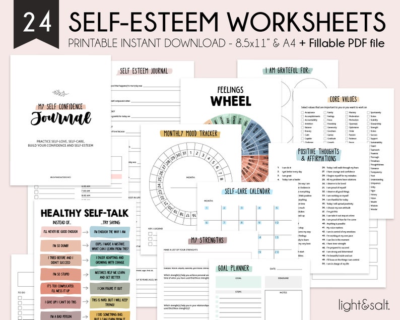 May include: A set of printable self-esteem worksheets in a light pink, blue, and green color scheme. The worksheets include a self-esteem journal, a feelings wheel, a monthly mood tracker, a self-care calendar, a list of core values, a list of positive thoughts and affirmations, and a goal planner. The text "SELF-ESTEEM WORKSHEETS" is at the top of the page.