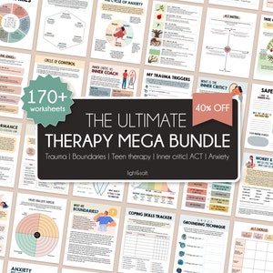 Therapy worksheets bundle, anxiety worksheets, inner critic, boundaries, trauma therapy, ACT acceptance and commitment therapy, Teen therapy