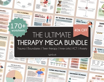 Therapy worksheets bundle, anxiety worksheets, inner critic, boundaries, trauma therapy, ACT acceptance and commitment therapy, Teen therapy
