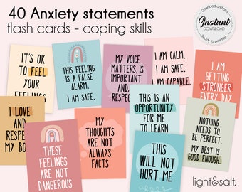 Anxiety Coping skills Cards, anxiety cards, CBT, DBT flash cards, panic coping cards, mental health affirmation cards, zones of regulation