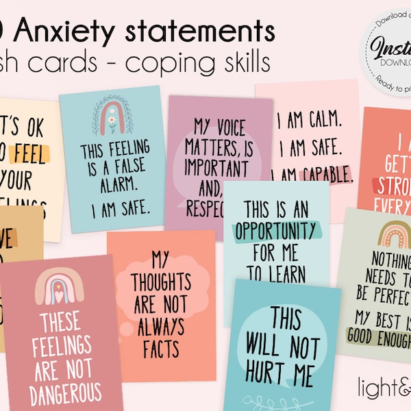 Anxiety Coping skills Cards, anxiety cards, CBT, DBT flash cards, panic coping cards, mental health affirmation cards, zones of regulation