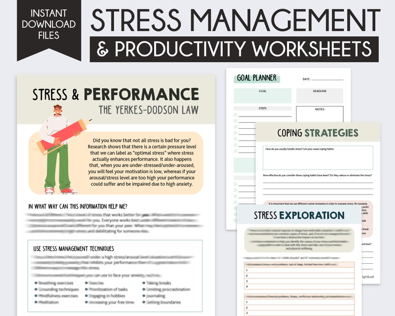 May include: A printable worksheet set for stress management and productivity. The worksheets include sections for goal planning, coping strategies, and stress exploration. The worksheets are designed to help individuals manage stress and improve their performance.