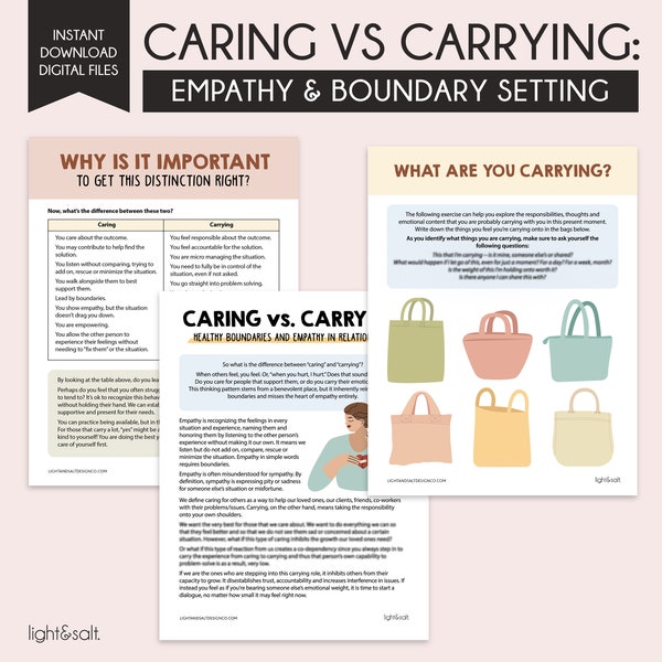 Caring vs Carrying: worksheets for setting healthy boundaries in relationships, boundaries workbook, therapy worksheets, boundary setting