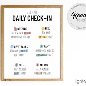 Daily check-in poster, self-care, daily checklist, Challenging Negative thoughts, Mindfulness, Self-Awareness Wall Art, Mental health