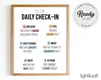 Daily check-in poster, self-care, daily checklist, Challenging Negative thoughts, Mindfulness, Self-Awareness Wall Art, Mental health