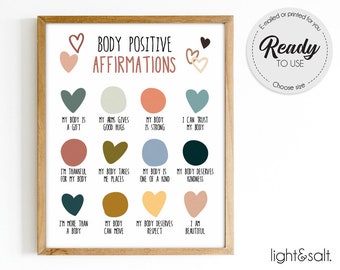 Body positive affirmations, body positivity, Self love, Motivational poster, Mental health, Counselor office decor, Therapist office
