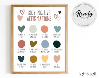 Body positive affirmations, body positivity, Self love, Motivational poster, Mental health, Counselor office decor, Therapist office