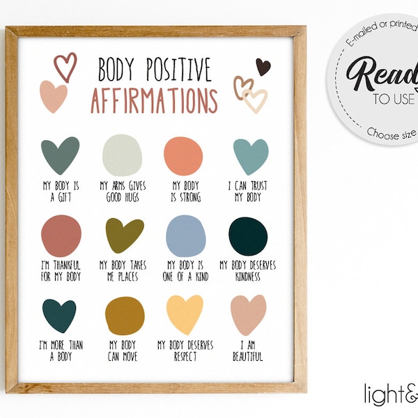 Body positive affirmations, body positivity, Self love, Motivational poster, Mental health, Counselor office decor, Therapist office