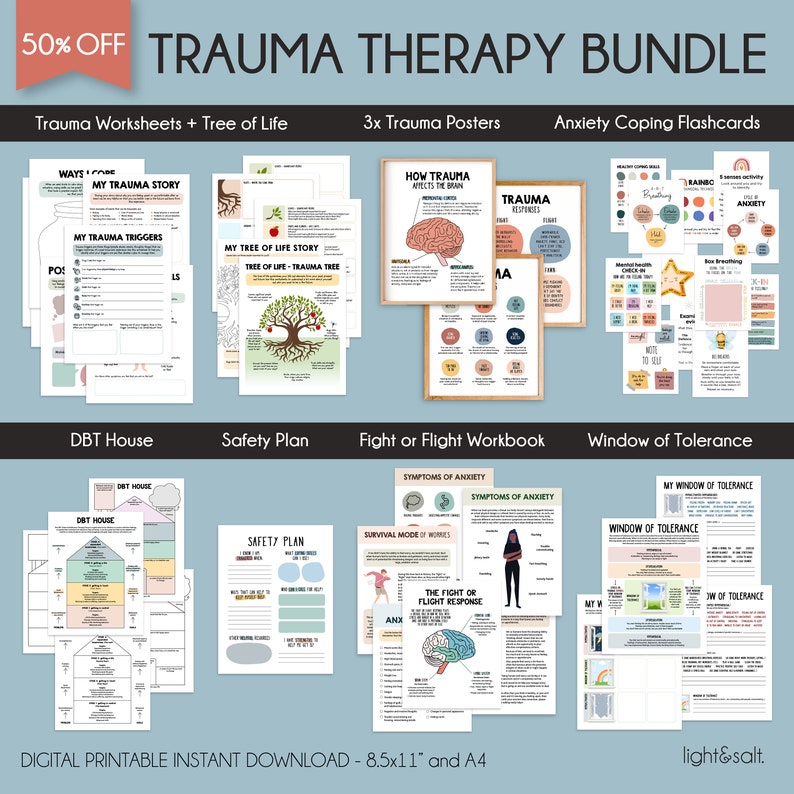 May include: A digital printable bundle of trauma therapy worksheets, posters, and flashcards. The bundle includes worksheets for processing trauma, a tree of life activity, posters about how trauma affects the brain, trauma responses, and anxiety coping flashcards with various coping mechanisms.