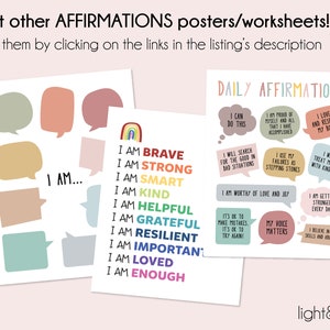 Op de afbeelding: Twee printbare posters met positieve affirmaties. De eerste poster heeft een regenboog en de tekst "Ik ben..." met een lijst van positieve affirmaties. De tweede poster heeft de tekst "Dagelijkse affirmaties" met een raster van negen affirmaties.
