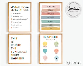 Logopedie muur decor bundel, set van 4, Speech room decor, Logopedie poster, SLP kunst aan de muur, Speech articulaties, Speech poster