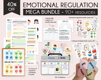 Zones of regulation bundle (40% OFF), Coping Skills Cards, feelings chart, School Counselor, calm down corner, emotional regulation, SEL