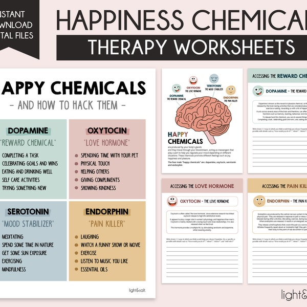 Happiness chemicals therapy worksheets, Anxiety relief, social psychology, therapy office decor, mental health, happy chemicals, DBT, CBT