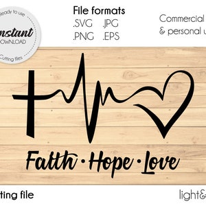 Faith Hope Love SVG, amour croix coeur ECG, christian, fichier de coupe, fichier de coupe, Cricut, Silhouette, Scan n Cut, numérique, téléchargement immédiat, eps