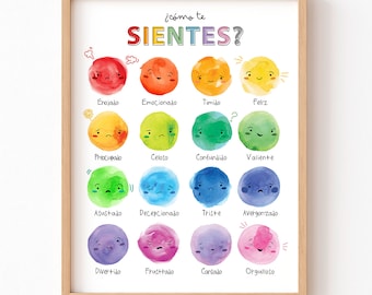 Spanish Watercolor Rainbow Emotions Poster, Feelings poster, Zones of regulation, Counselor office decor, calming corner, emotional learning