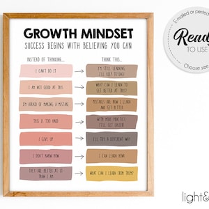 Growth mindset reframe your thoughts poster, therapy office decor, Challenging Negative thoughts, CBT poster, Counselor office, Boho decor