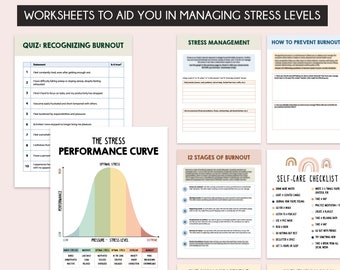 Feuilles de travail sur la prévention de l'épuisement professionnel, feuilles de travail sur la gestion du stress, autosoins, feuilles de travail sur la thérapie, auto-assistance, journal de l'anxiété, productivité du TDAH
