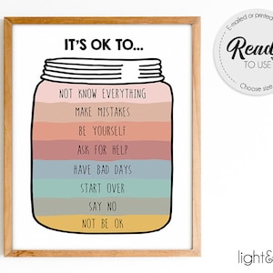 Het is oké om fouten te maken, het is oké, therapieposter, therapiekantoordecor, gevoelensposter, schoolbegeleider teken, schoolpsycholoog, CBT