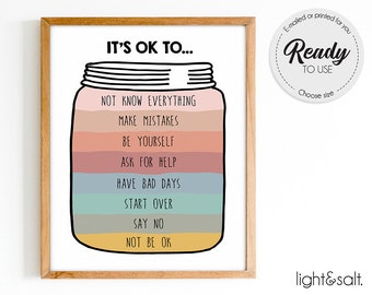 It's okay to make mistakes, it's ok, Therapy poster, Therapy office decor, Feelings poster, School counselor sign, school psychologist, CBT
