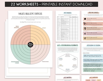 ACT therapy worksheets, acceptance and commitment therapy, values bullseyes, therapy tools, therapy office decor, mental health worksheets