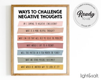 Challenging Negative thoughts poster, Cognitive Behavioral Therapy, CBT, Counselor office decor, Therapist Office, School psychologist