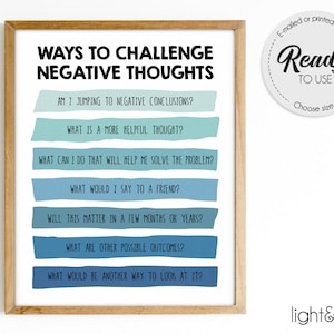May include: Printable poster with blue and green stripes featuring the text "Ways to Challenge Negative Thoughts" and a list of questions to help challenge negative thinking.