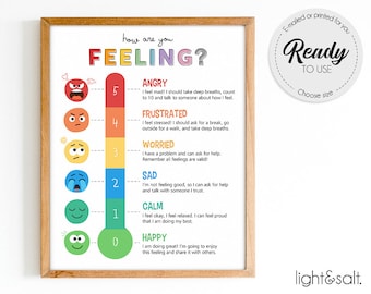 Rainbow Feelings thermometer, Feelings poster, Calm down corner, Self regulation poster, therapy office, Mental health, Zones of regulation