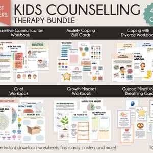 Kids Counseling Therapy bundle, Kids Coping Skills bundle, therapy worksheets, school counselling tools, teacher resources, SEL, autism