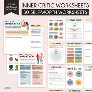Inner critic workbook, self esteem worksheets, self help, Circle of control, therapy worksheets, Coping skills, cognitive distortions, EMDR