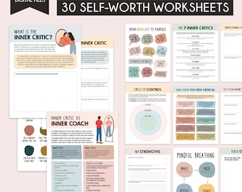 Inner critic workbook, self esteem worksheets, self help, Circle of control, therapy worksheets, Coping skills, cognitive distortions, EMDR