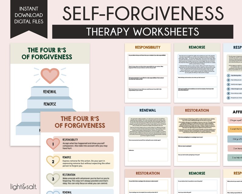 May include: Printable self-forgiveness therapy worksheets with a pink heart and the text "The Four R's of Forgiveness" on a light blue background. The worksheets include sections for responsibility, remorse, renewal, restoration, and affirmation.