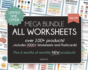 Whole Shop Therapy Worksheets Bundle, 70% off, anxiety, depression, inner critic, trauma, ACT, sobriety, addiction, CBT, DBT, emdr, adhd
