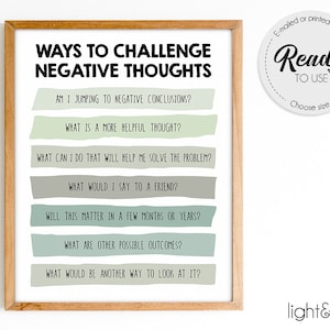 Challenging Negative thoughts poster, Cognitive Behavioral Therapy, CBT, Counselor office decor, Therapist Office, School psychologist