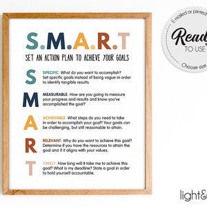 May include: A framed print featuring the acronym S.M.A.R.T. in teal, orange, and brown. The print explains how to set an action plan to achieve goals, with each letter representing a step. The print also includes the text "Ready to Use".