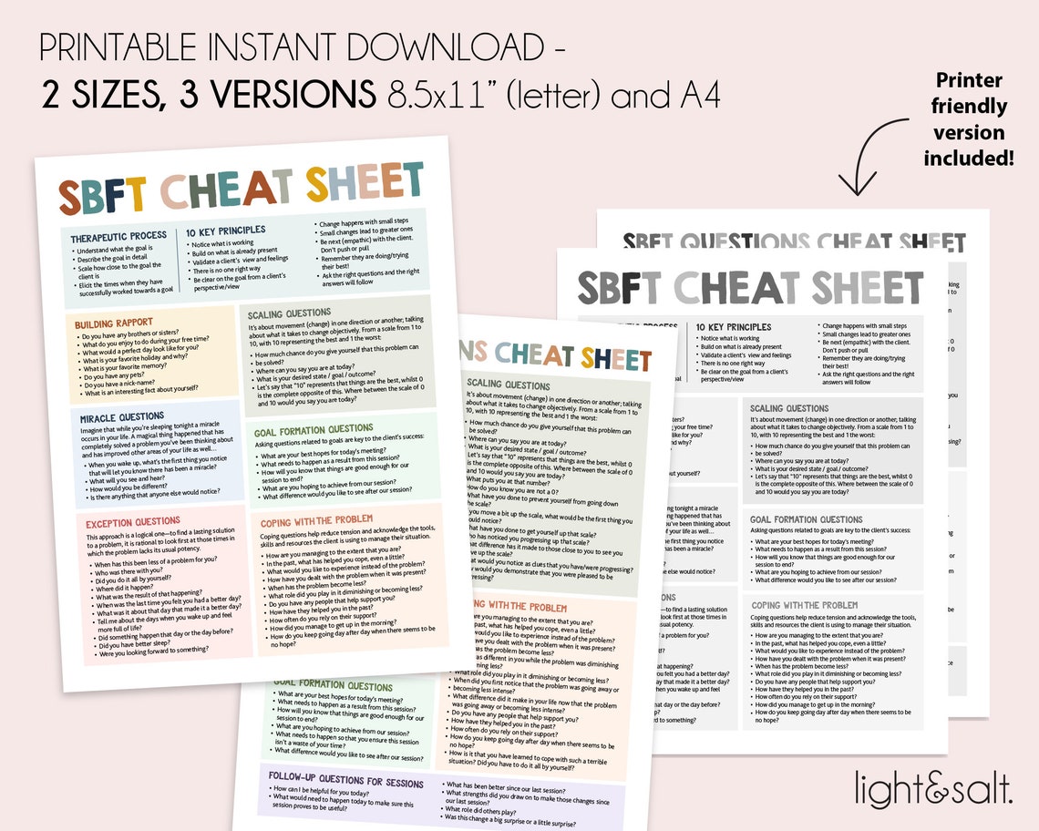 Solution Focused Therapy Questions Cheat Sheet, SFBT Worksheet for ...