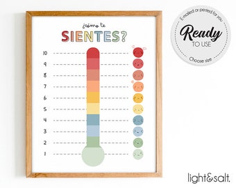 Spanish Feelings thermometer, Feelings poster, Feelings chart, play therapy, therapy office decor, Mental health poster, Zones of regulation